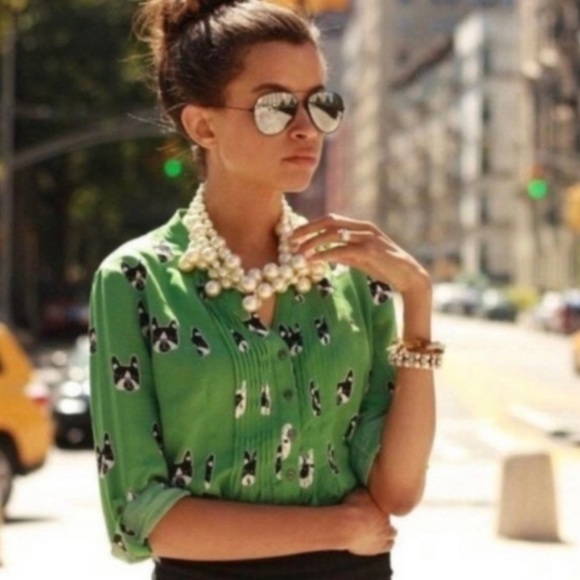 Anthropologie Tops - ANTHROPOLOGIE Green French Bulldog Print V Neck Pleated Preppy Button Down Top